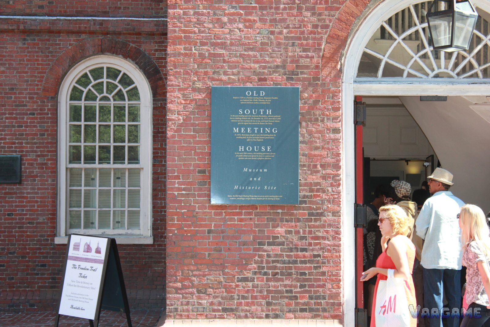 Old South Meeting House entrance and historic plaque in Boston