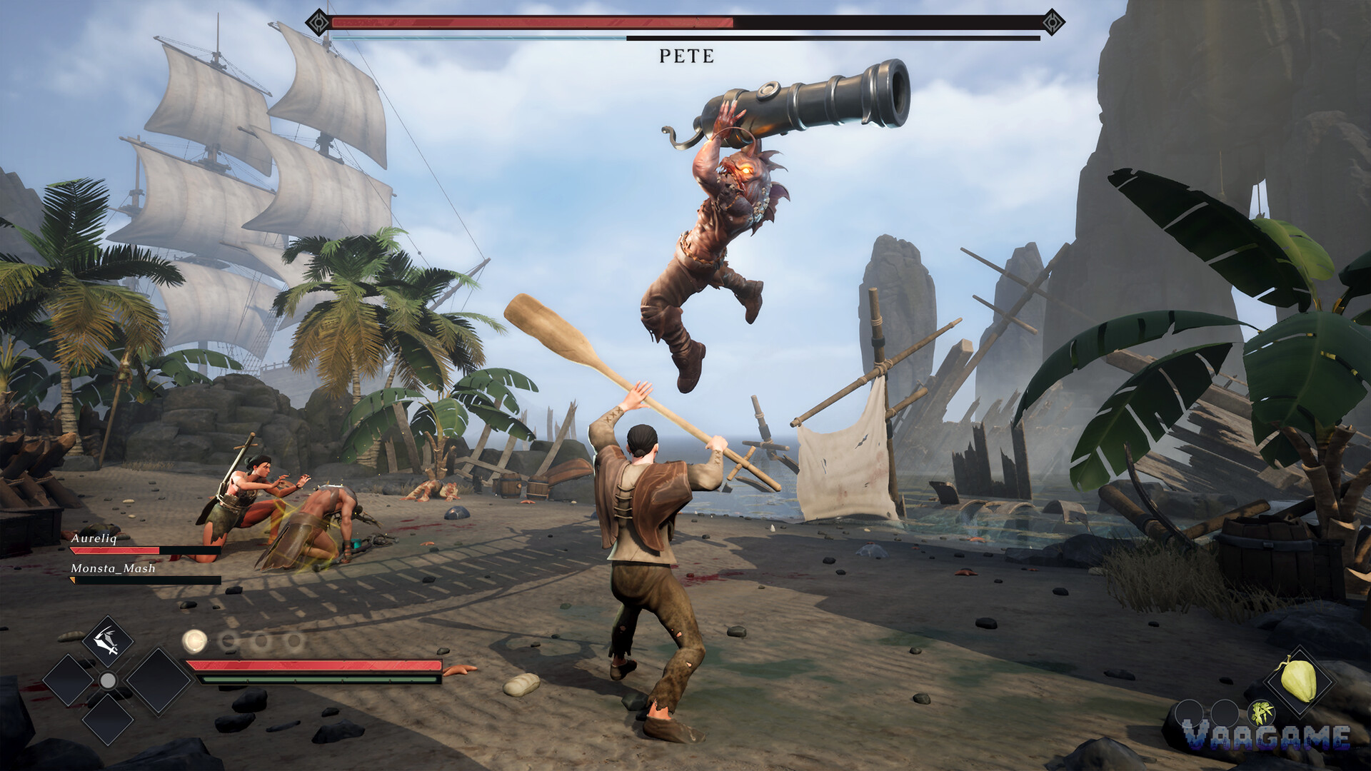 A beach boss fight against Pete in Keelblade