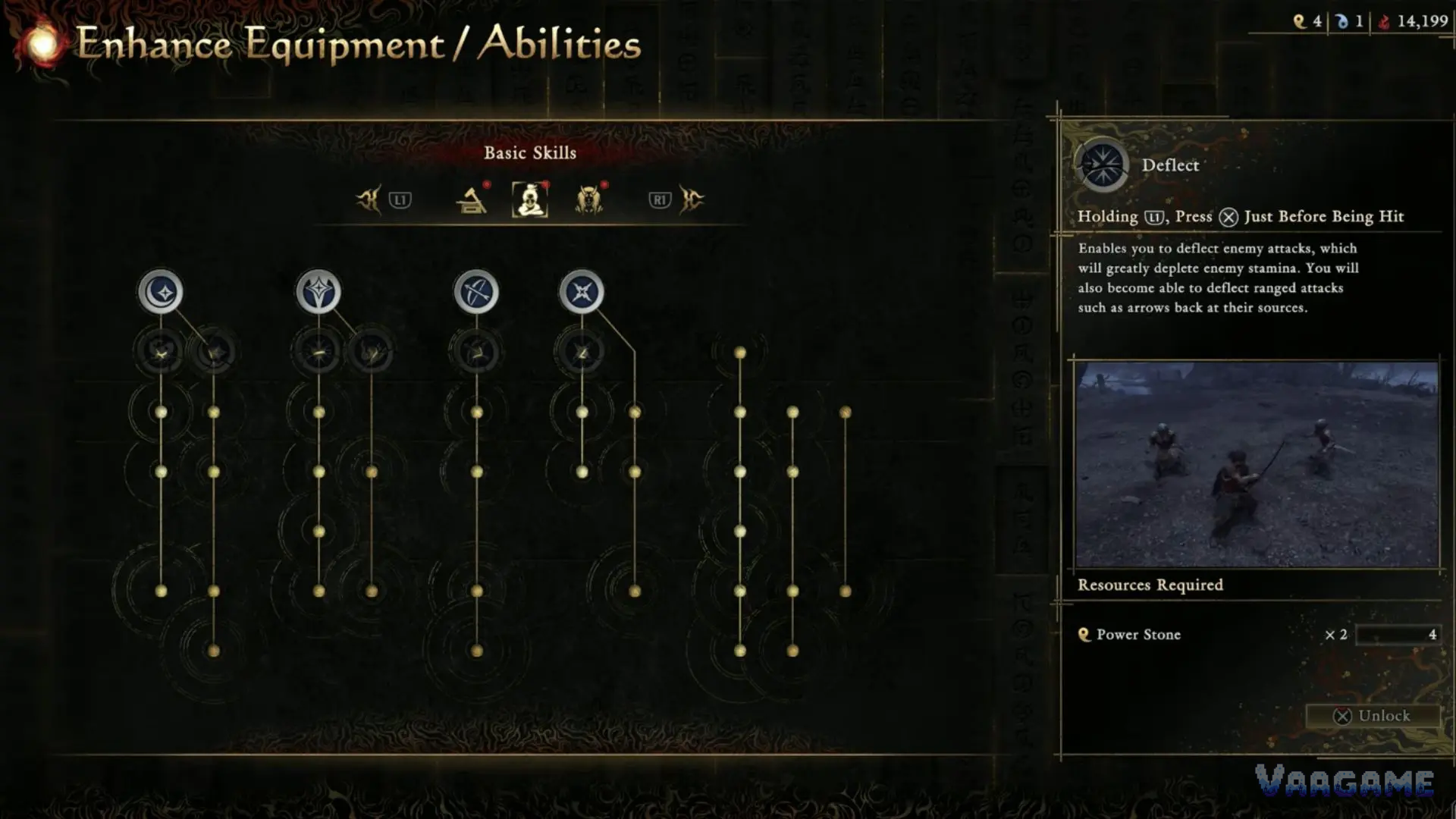 Select Deflect under Basic Skills and use Unlock. Follow the button prompts for your own platform and control layout.
