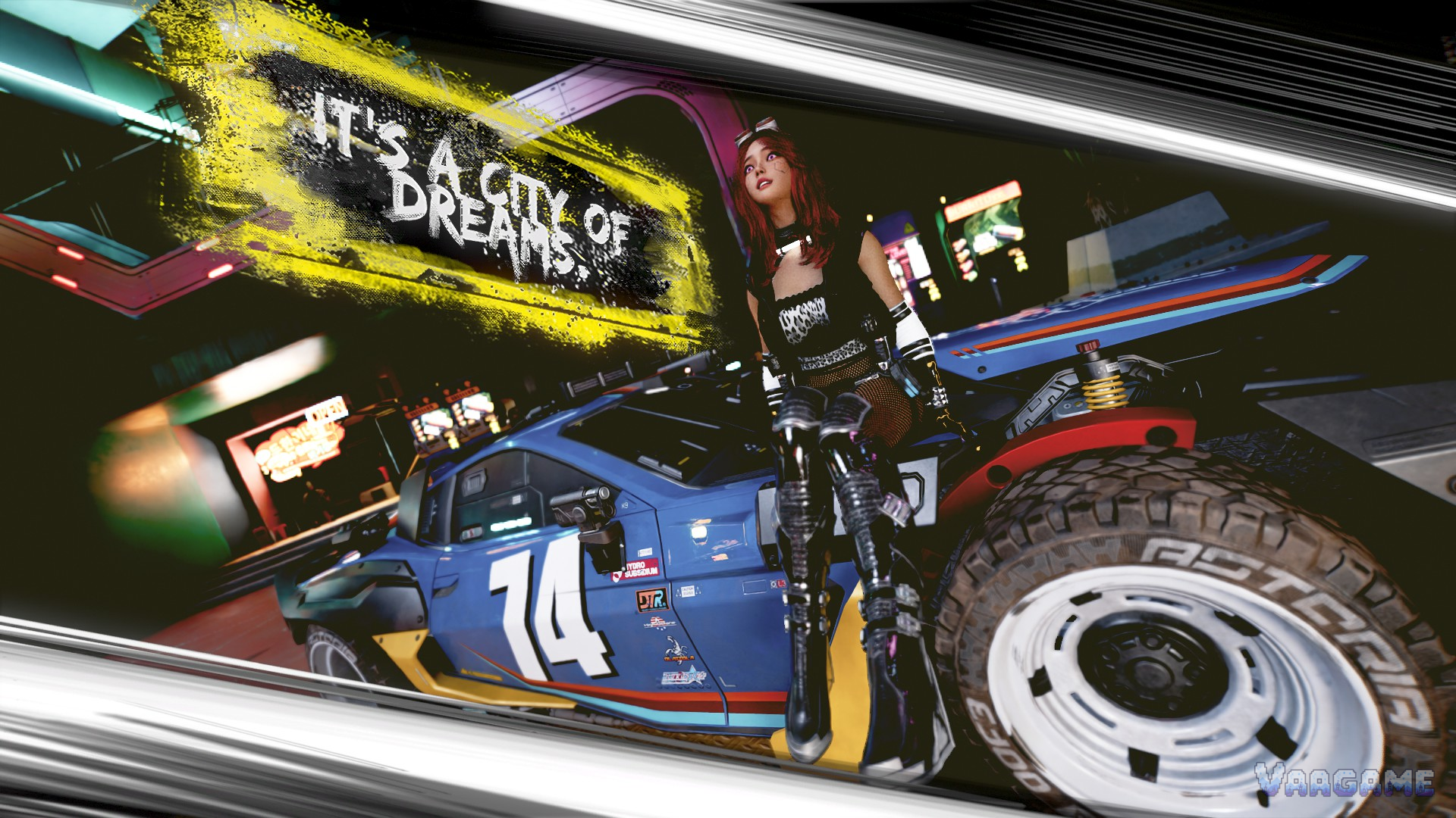 Photo mode shot of V on a race car in Cyberpunk 2077