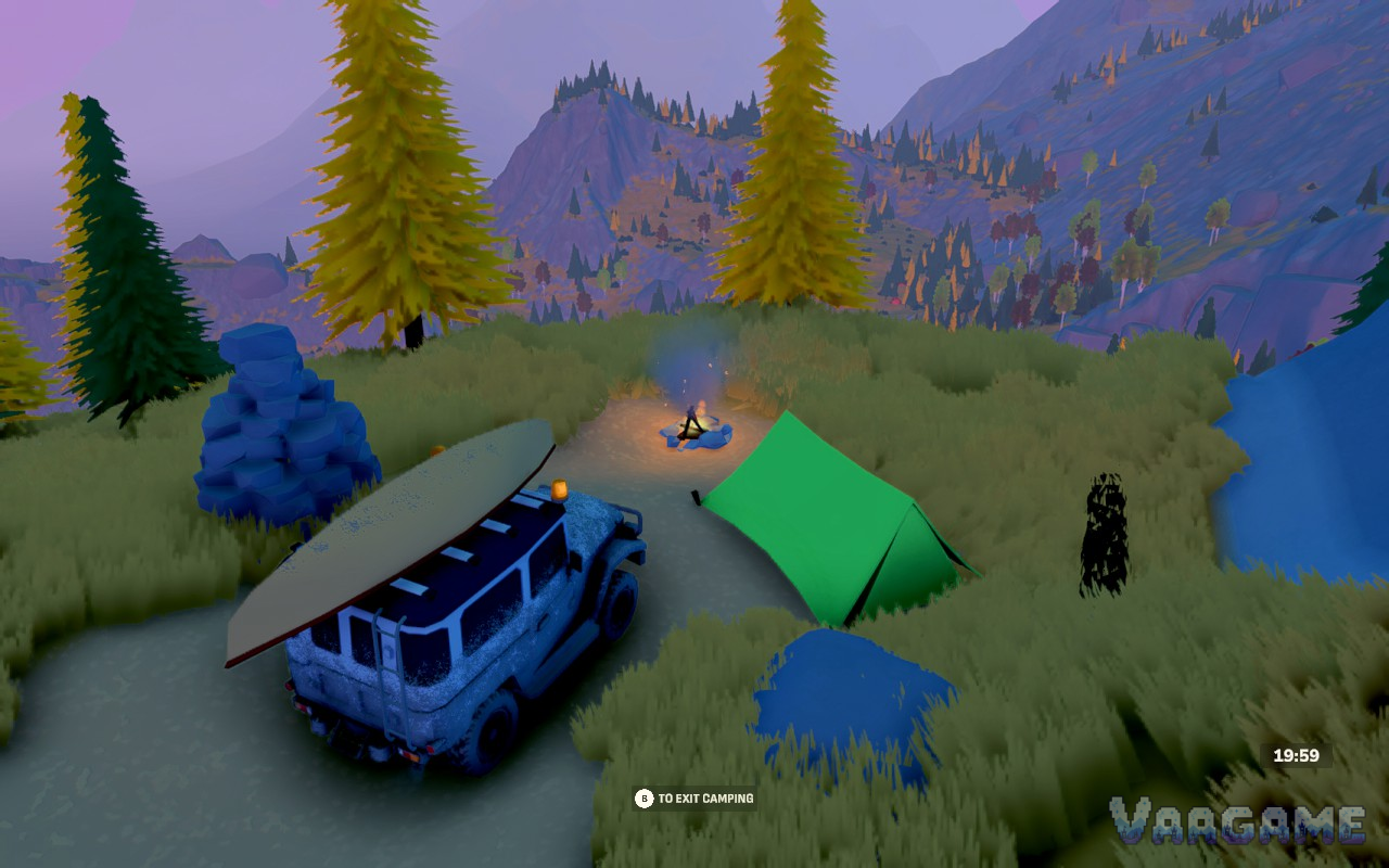 A wagon, a tent and a campfire at a campsite in the hills at dusk, the exit-camping prompt on screen