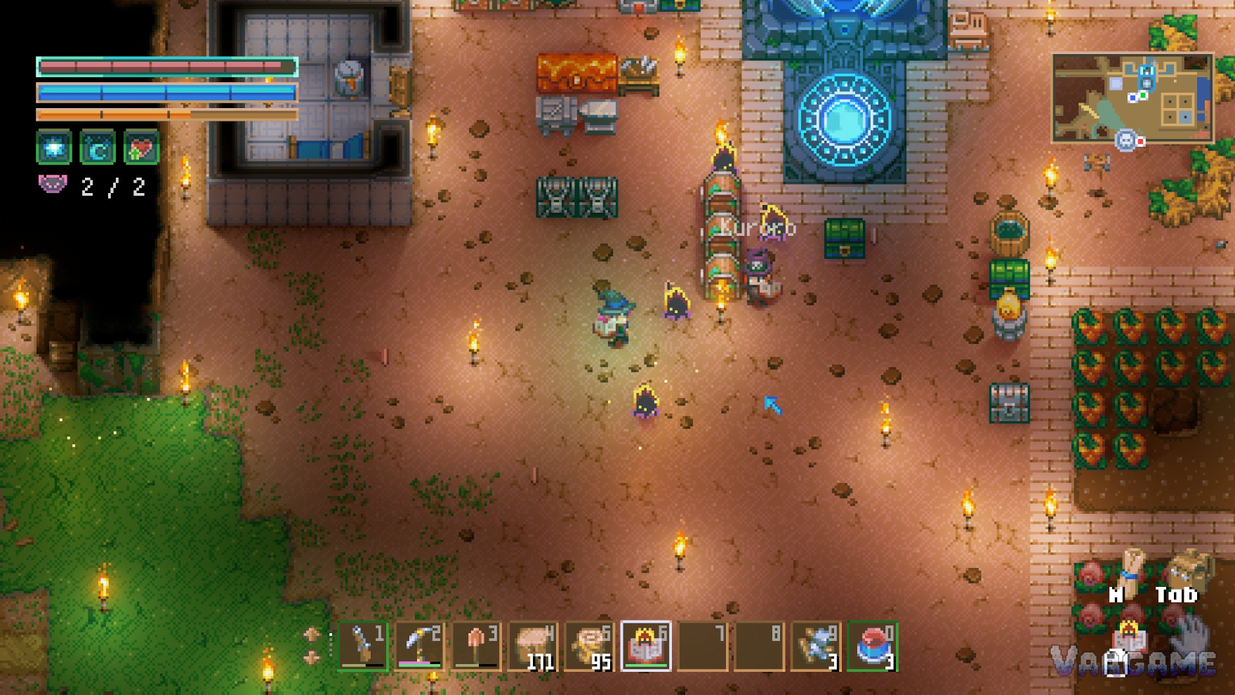 A working base grows around the Core: furnaces, chests, a portal and a first patch of crops