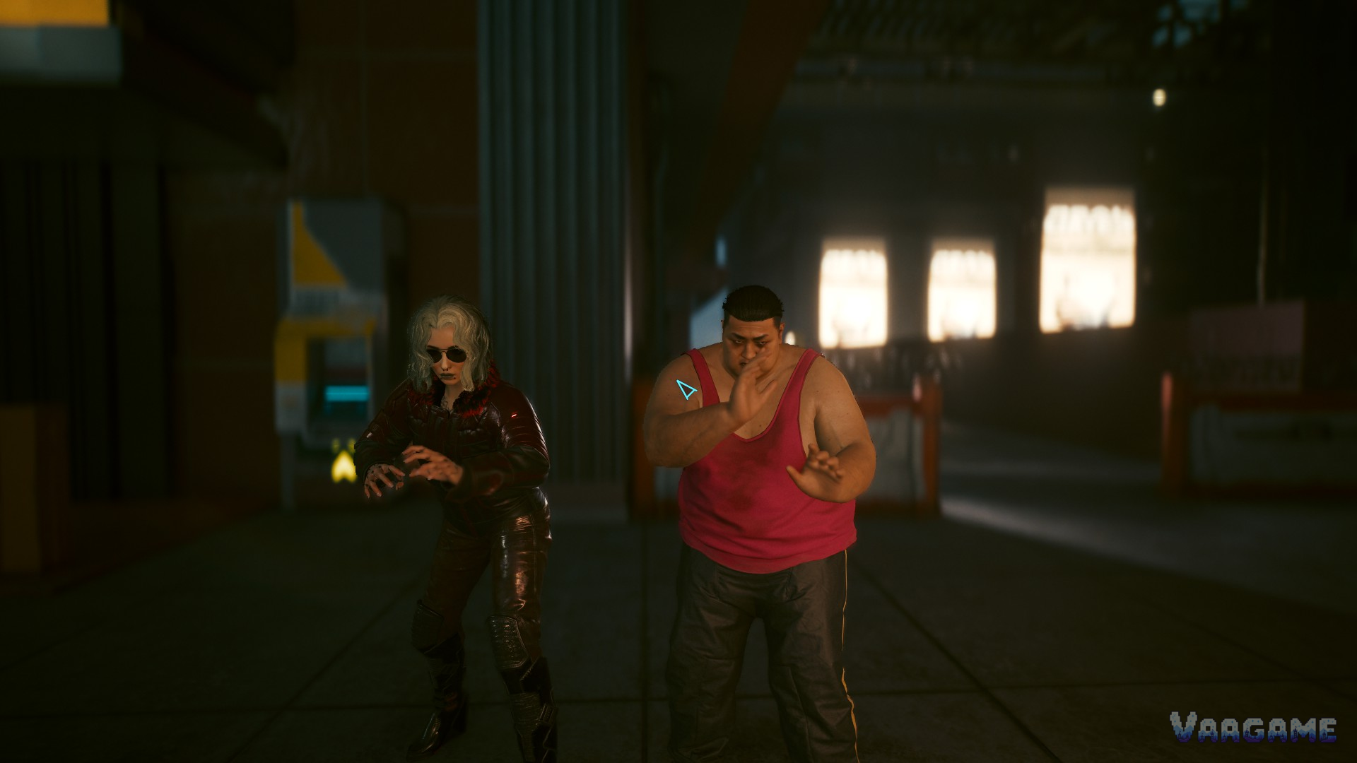 Two characters in a fighting stance on a street in Cyberpunk 2077