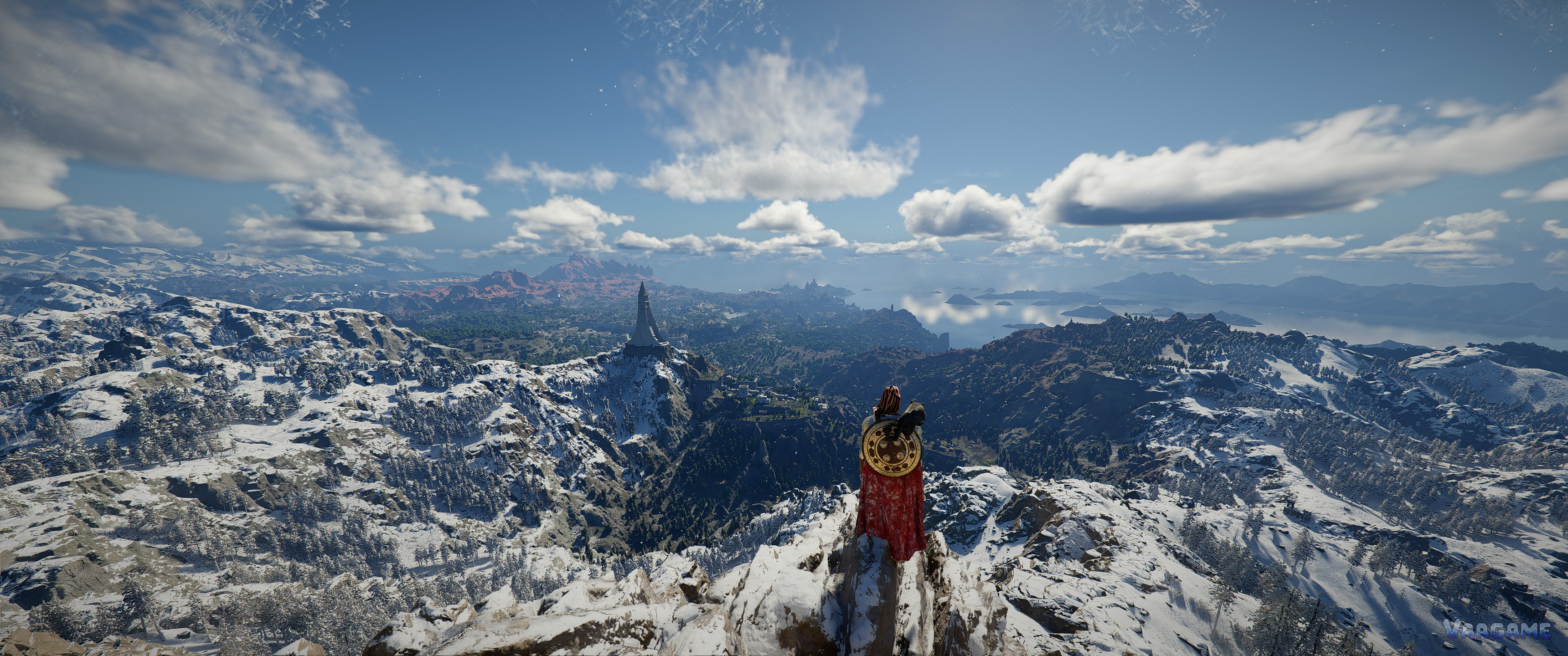 Crimson Desert character in red cloak overlooking snowy peaks and sea