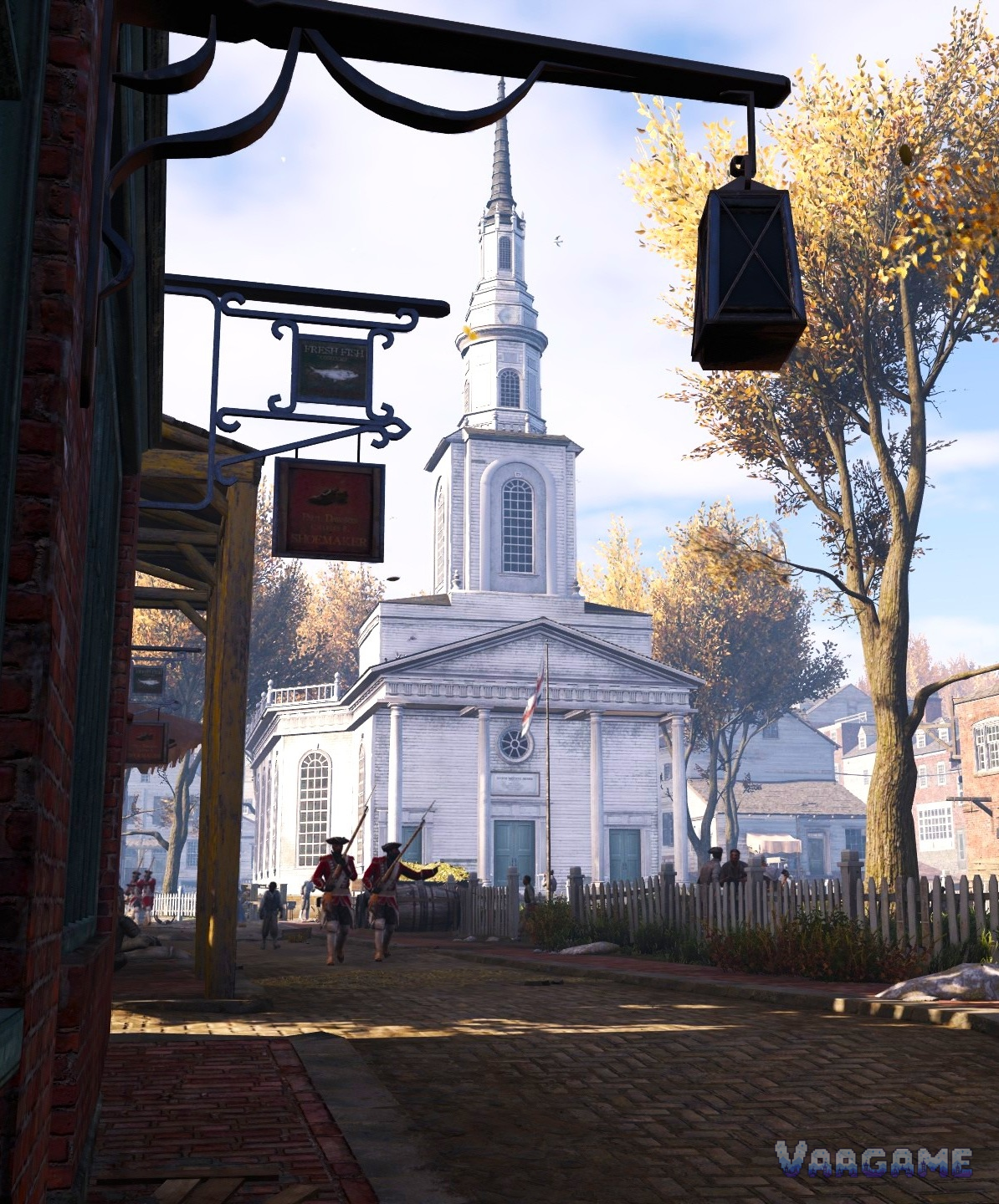 Assassins Creed III player screenshot: a white steepled church street with a hanging lantern