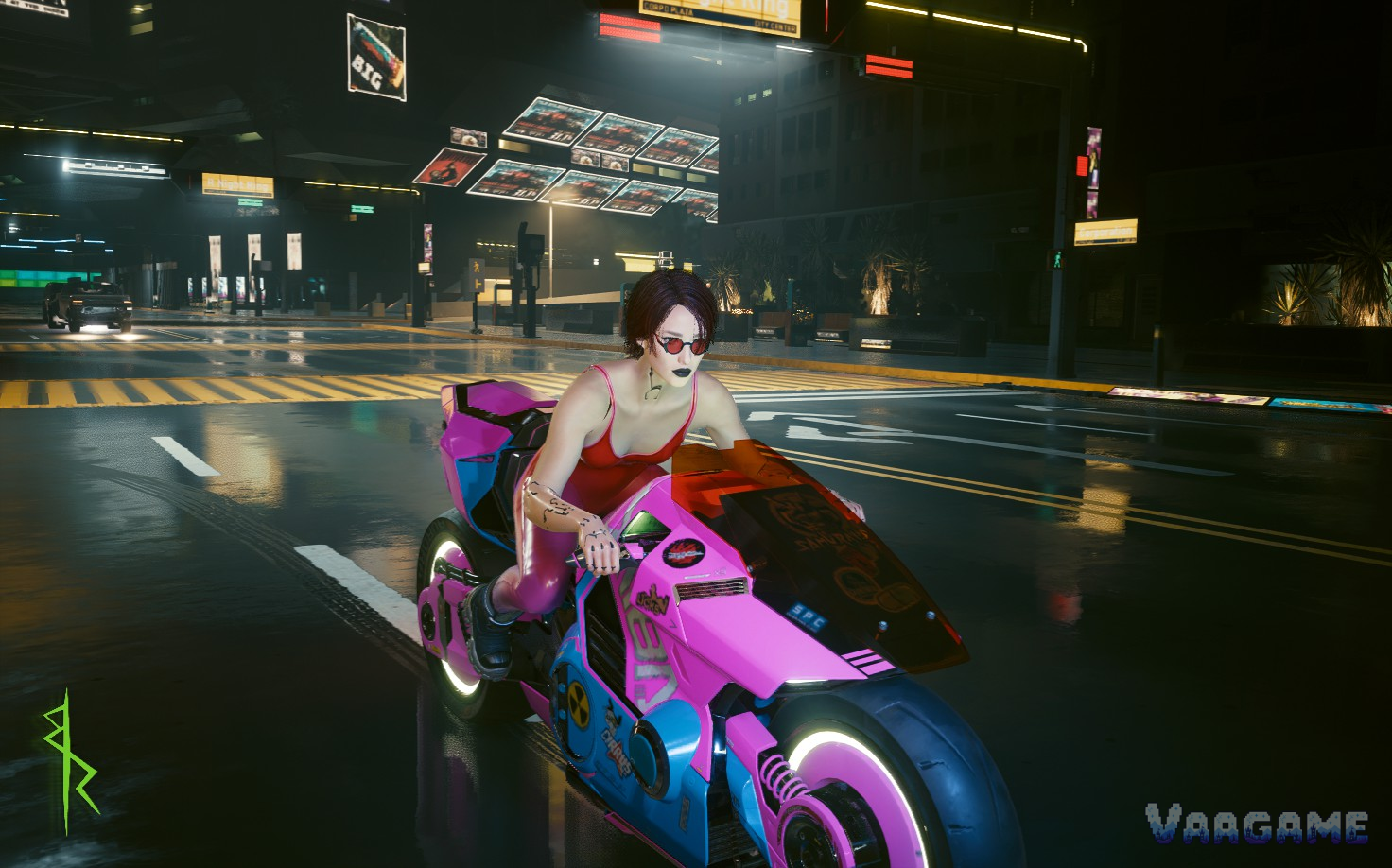 V riding a pink motorcycle through Night City at night in Cyberpunk 2077