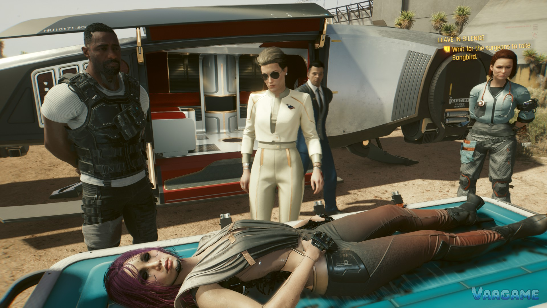Songbird on a stretcher with Reed and Myers in Cyberpunk 2077 Phantom Liberty