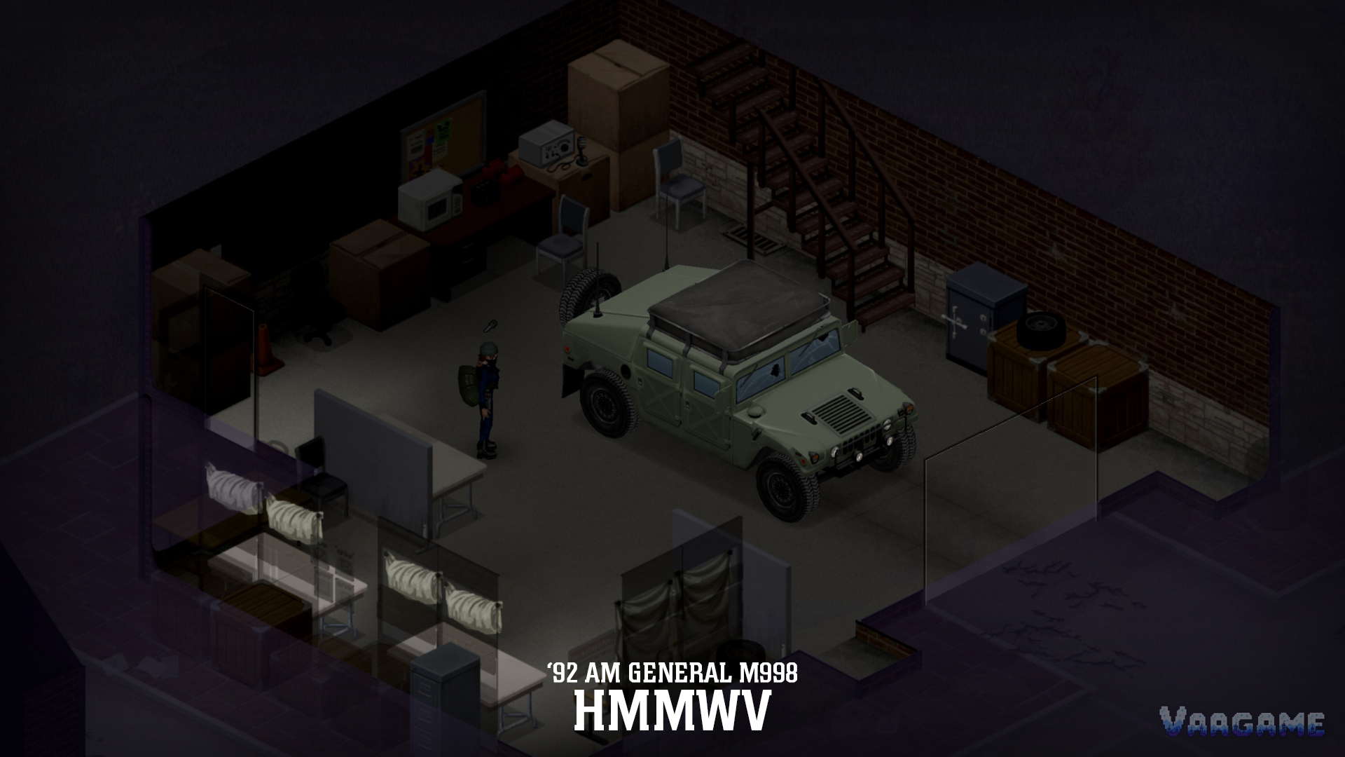 The M998 Humvee parked inside a workshop, a rolling base project with animated panels