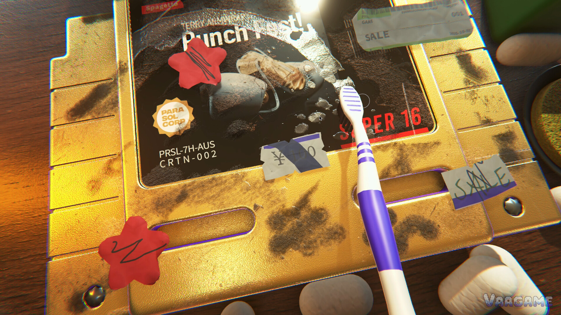 A toothbrush working a gold Punch Fest cartridge buried in SALE stickers