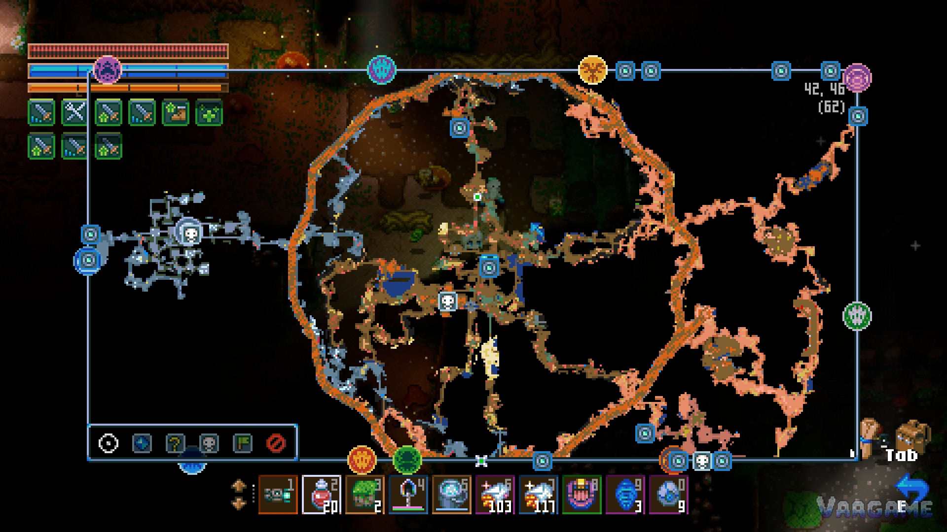 An early world map: only the inner ring explored, boss skull icons waiting in the dark