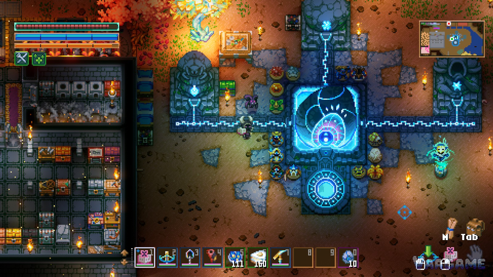 A working base wrapped around the powered Core: statues, storage and crafting in one hub
