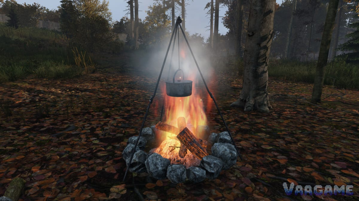 A cooking pot over a fireplace is a higher-capacity option once you have the equipment; it is not required for the basic survival loop.