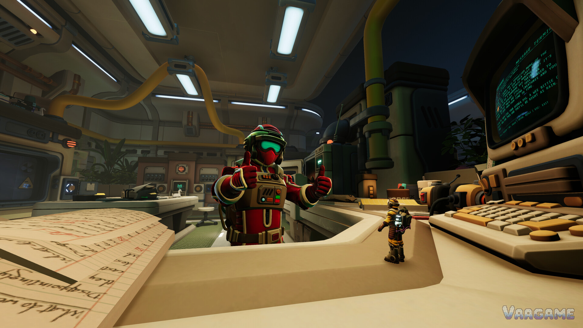 An Explorer giving two thumbs up across a scale shifting lab desk in We Were Here Tomorrow
