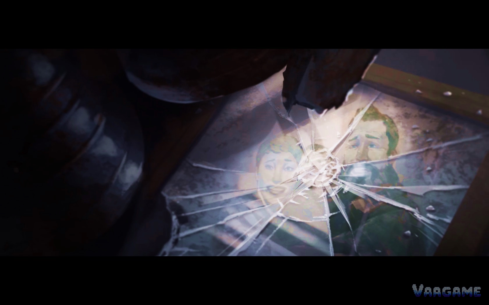 Cracked framed photograph story scene