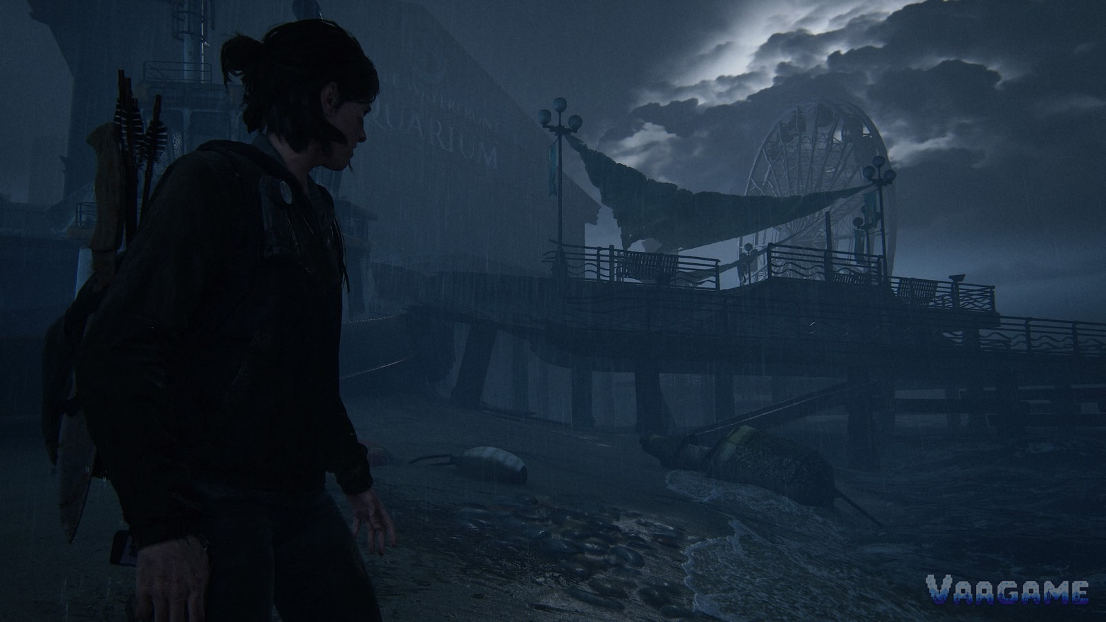 The Last of Us Part II game screenshot, Ellie at the aquarium pier with the Great Wheel over the water