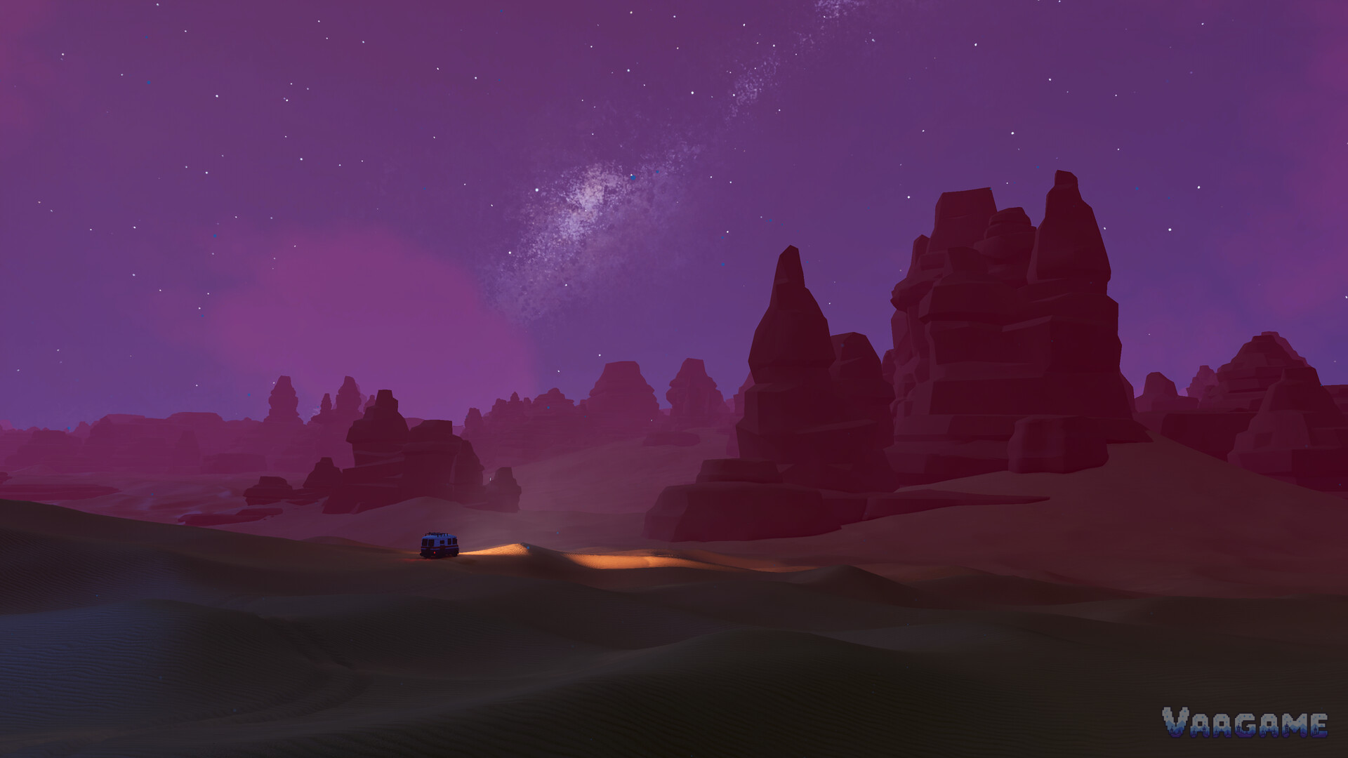 A single vehicle under the Milky Way in the night desert