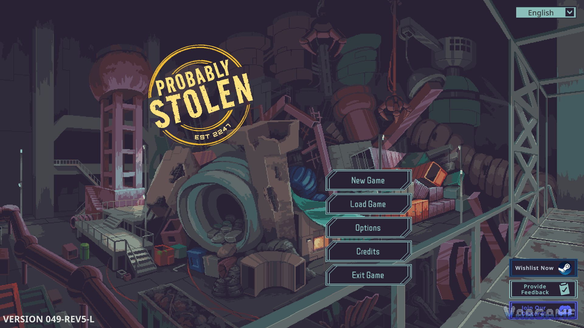 The title screen: New Game, Load Game, Options, Credits