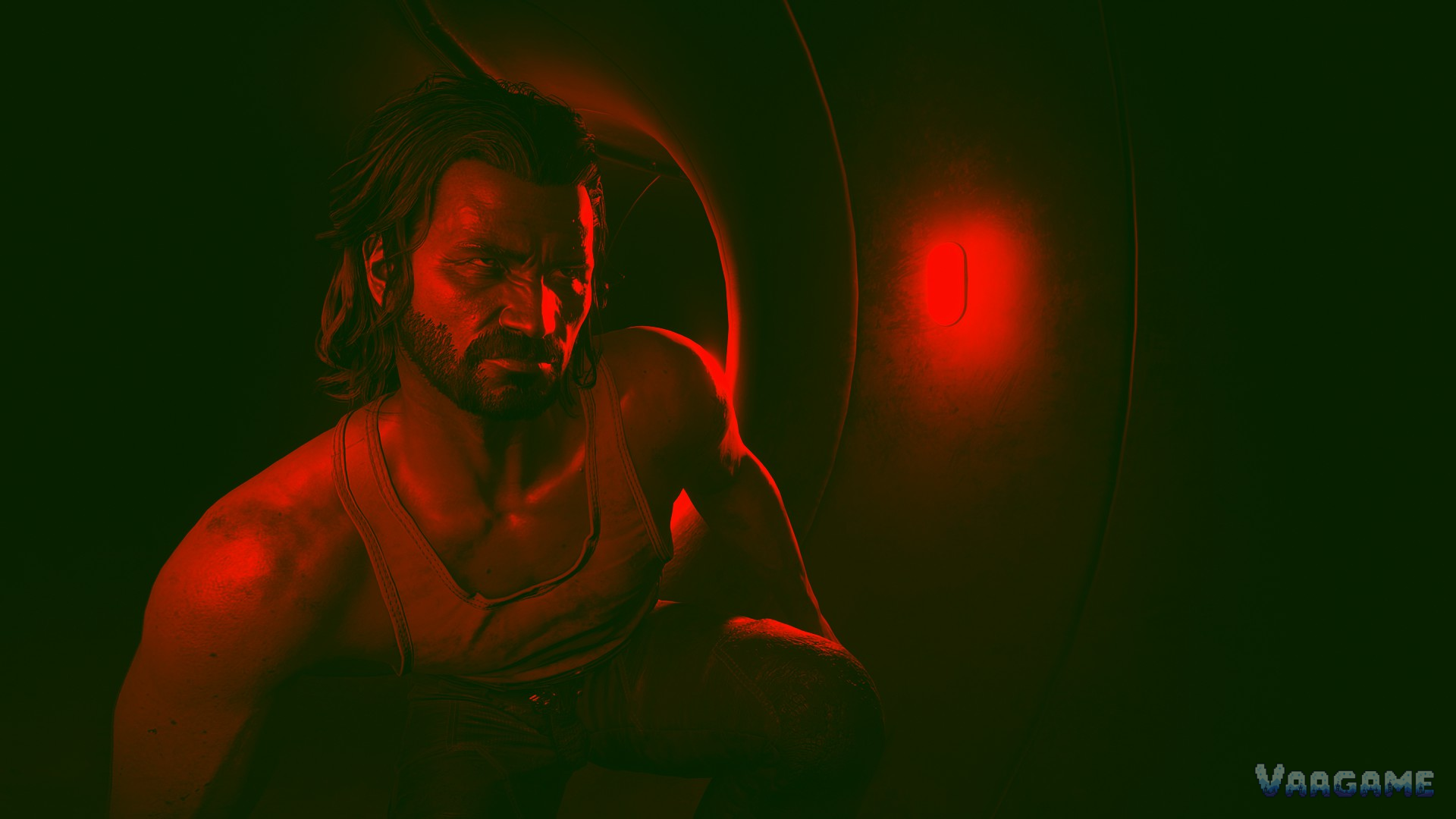 Johnny Silverhand lit by red light in a dark room