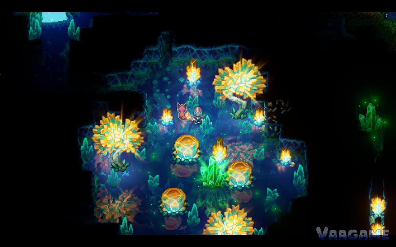 A crystal cave in the Shimmering Frontier: golden crystal trees and an explorer with a fox pet