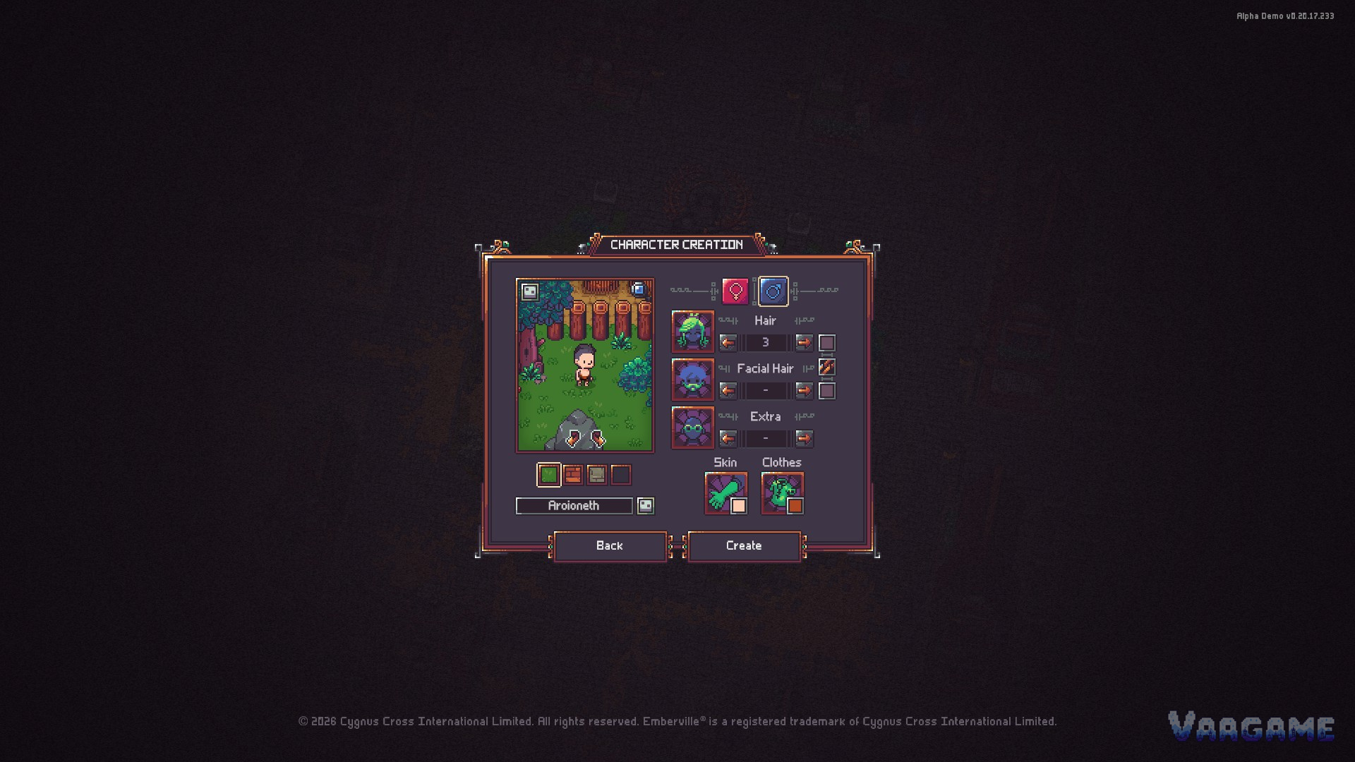 The character creation screen: clean, high-contrast interface text at desktop distance