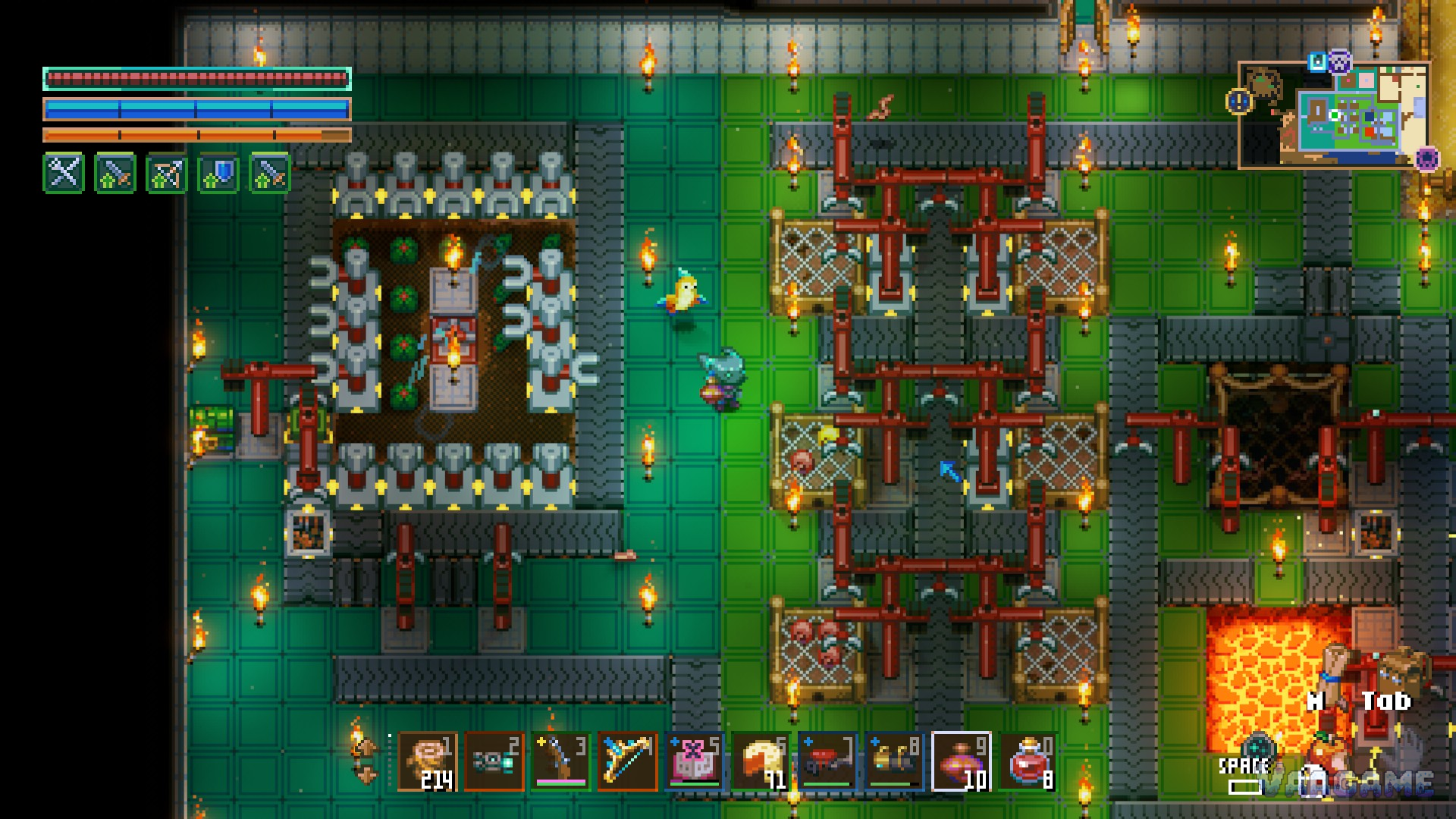 Inside a mob farm: conveyor belts, mechanical arms and spike-trap zones sectioned into lanes