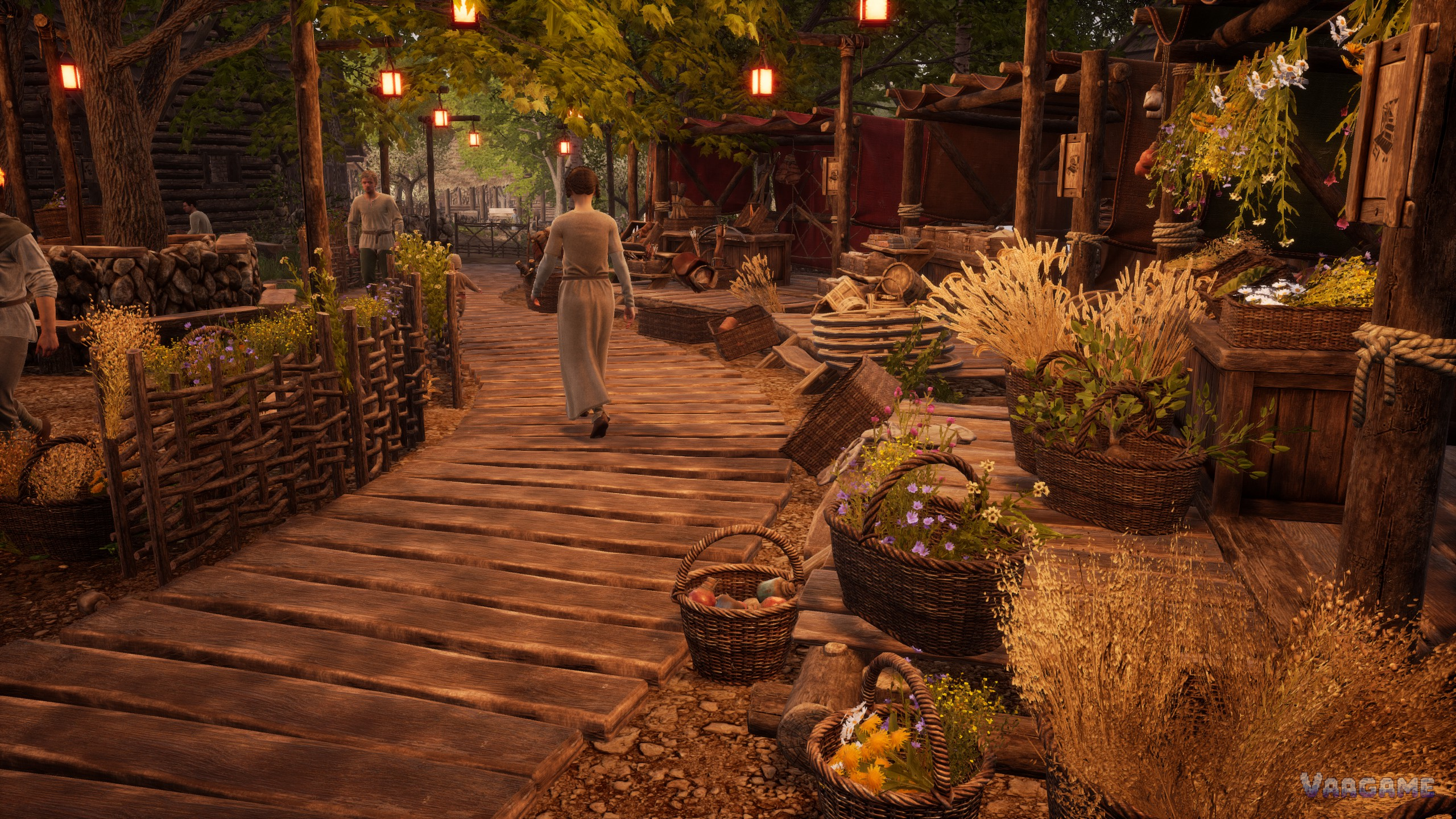 Market street with baskets of produce and herbs