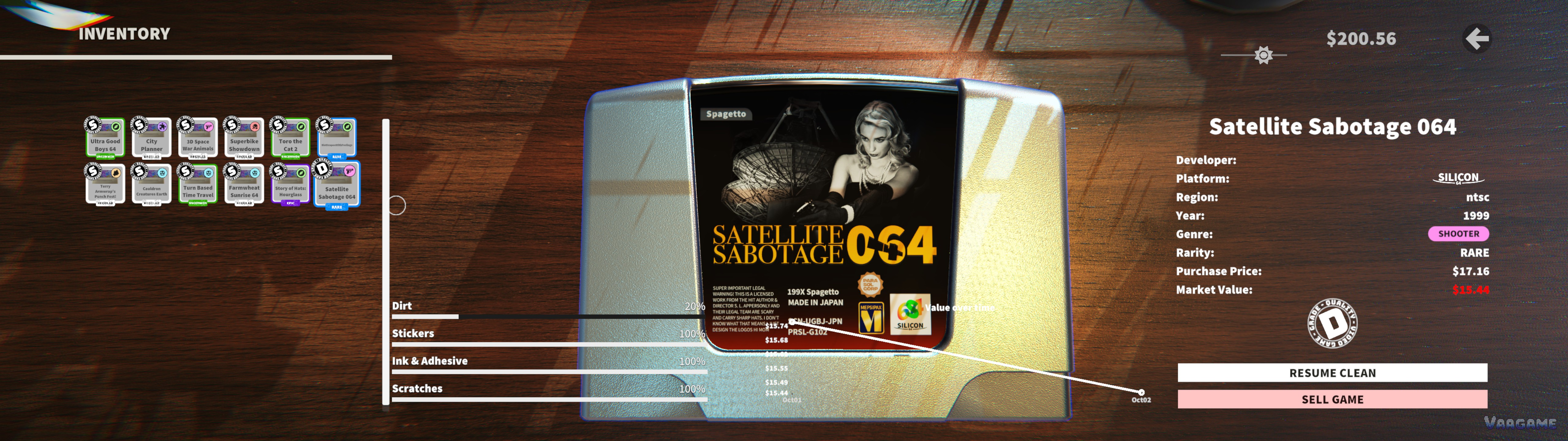 库存界面：一盘修复好的 Satellite Sabotage 064，和已经入库的游戏网格