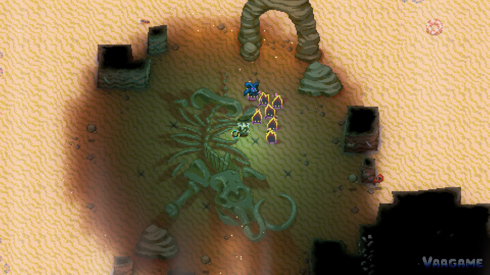 Five flame imps lined up beside a giant ribcage fossil in the desert