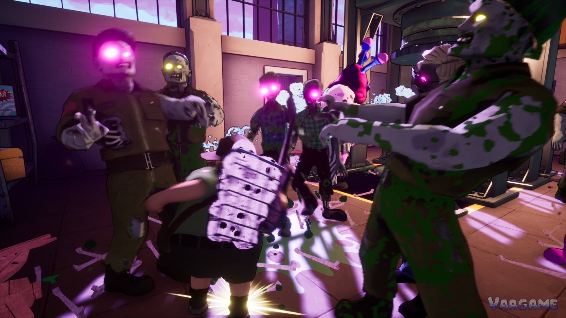 A hero surrounded by glowing eyed zombies in Dead Party