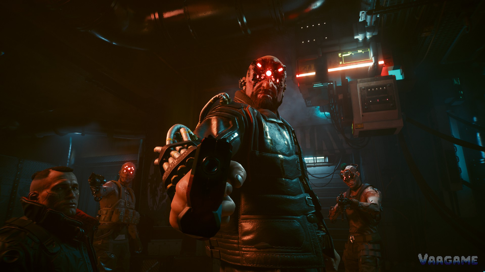 A ganger pointing a pistol at the camera in Cyberpunk 2077
