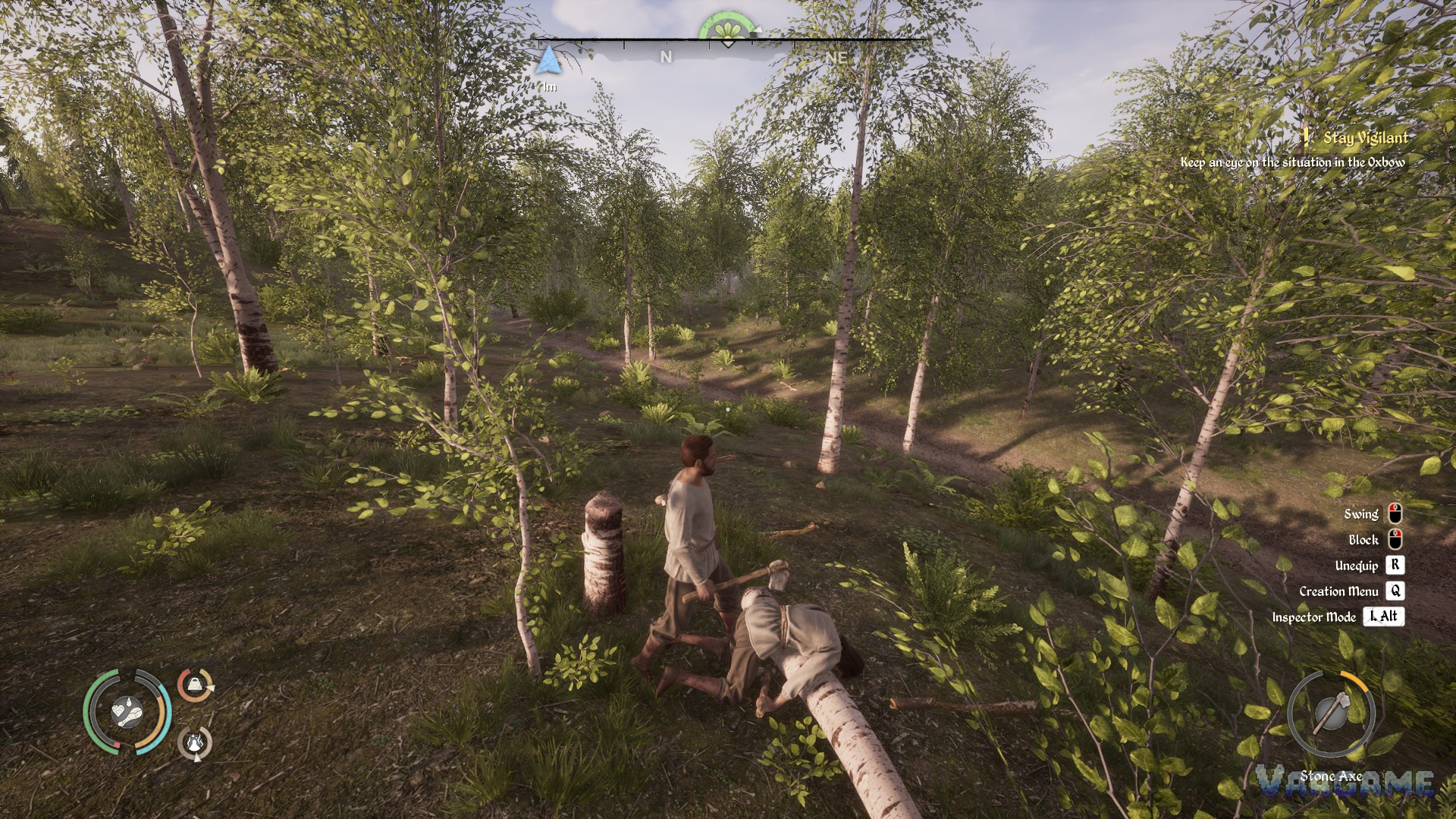 Two villagers felling and carrying birch logs