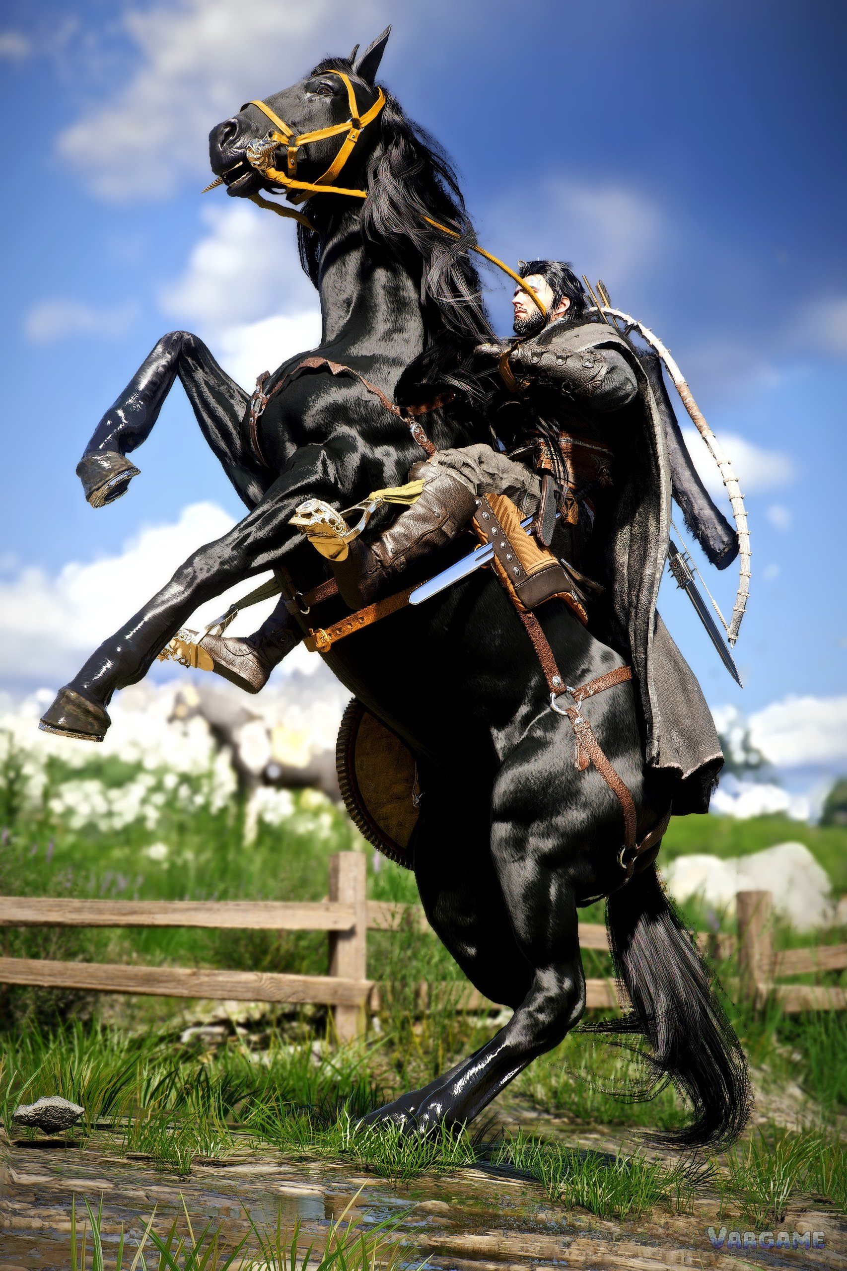 A rearing black horse with its rider: mounted control matters most when a fight starts suddenly on the road.