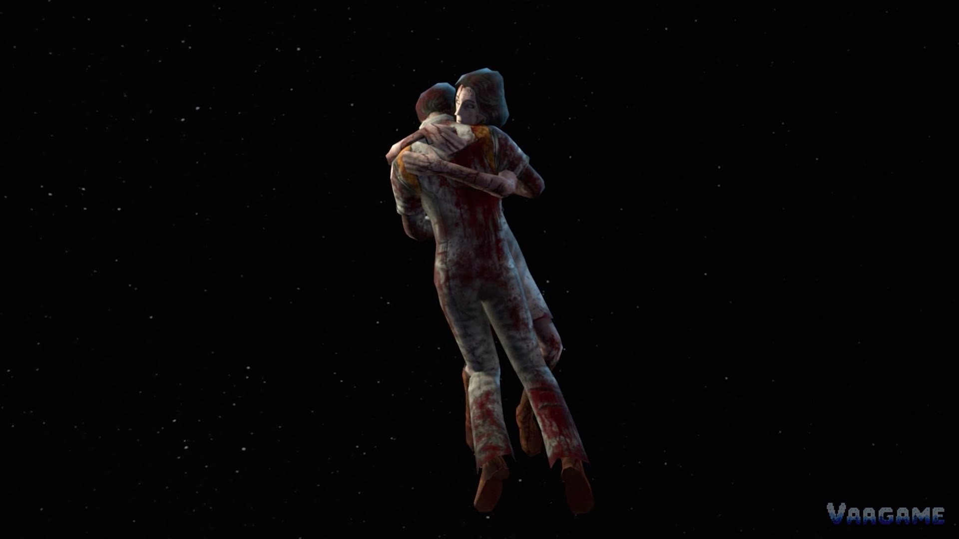 Two crew members, bloodied, holding each other in the starfield — launch-trailer cinematic imagery, not a stinger still. No frame of any actual stinger exists in any source we can use. — The Wild Gentlemen / Kwalee (official launch trailer)