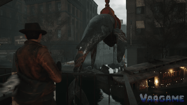 The red claw holds the whale above the canal.