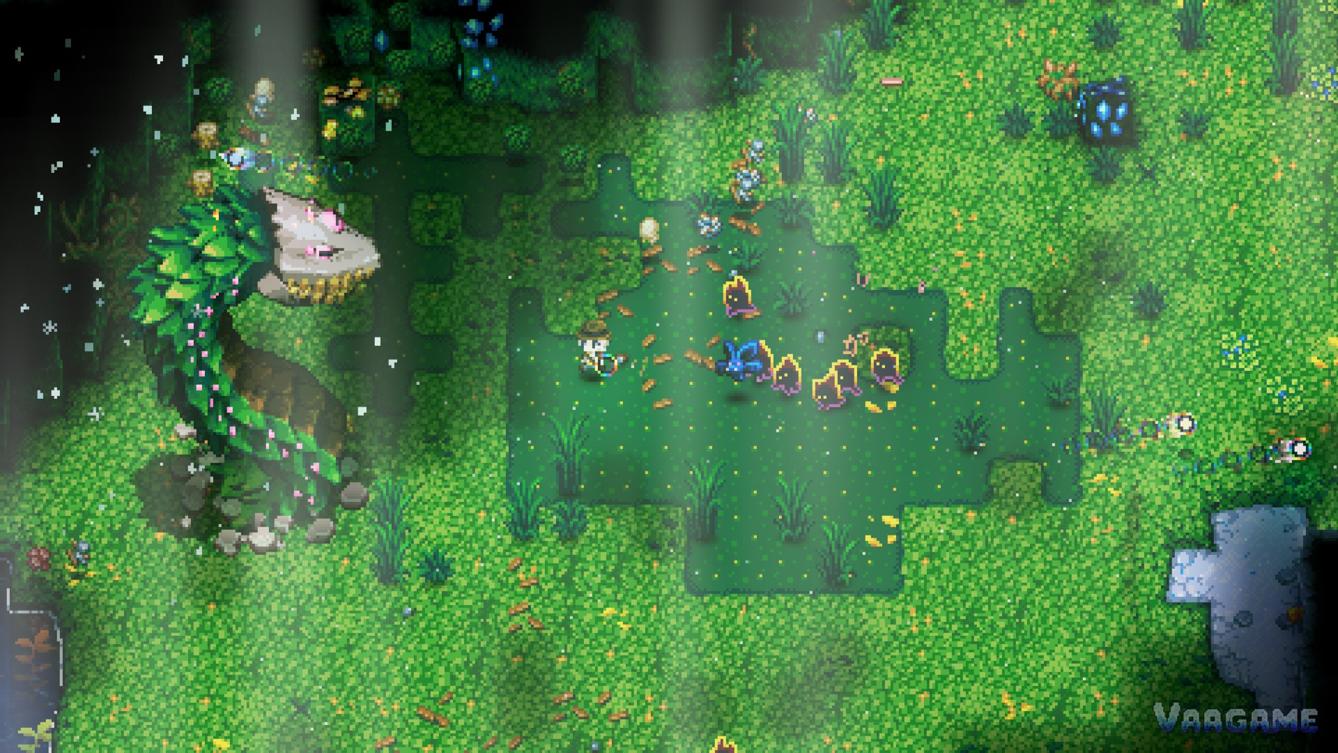 A fossil site in the Wilderness: the explorer flanked by a pet and a line of flame imps