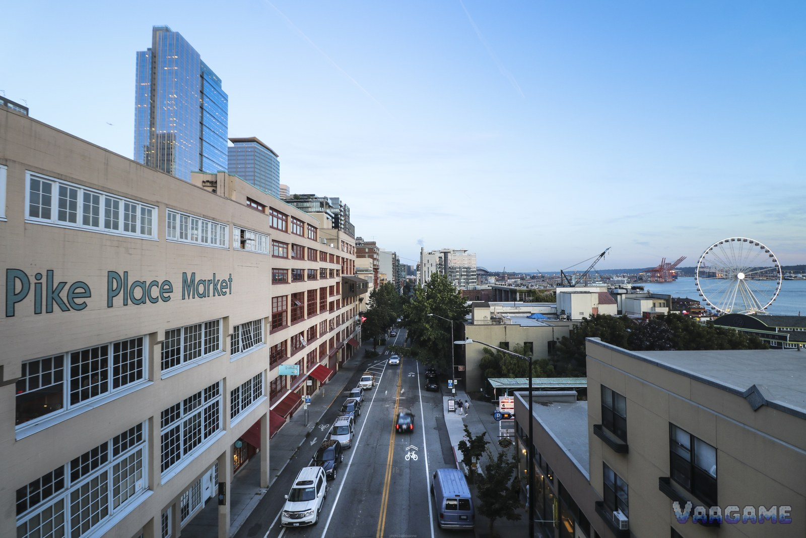 Pike Place Market building wall and street running down toward Elliott Bay waterfront Seattle
