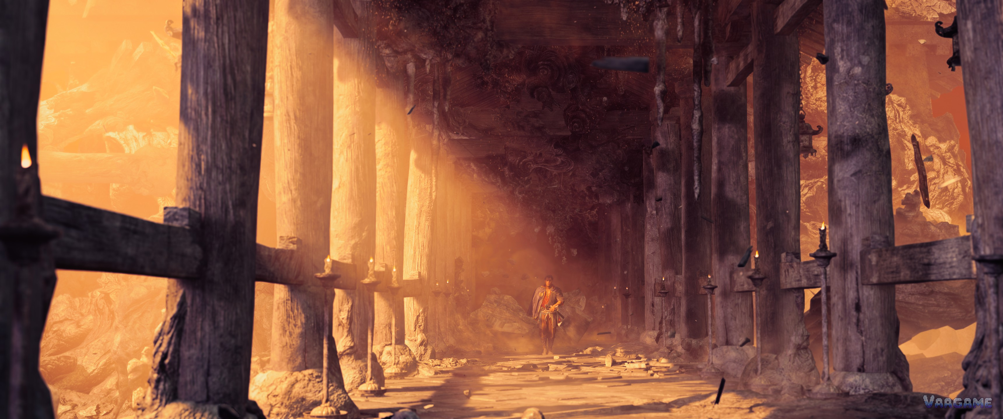 Temple corridor with sunbeams