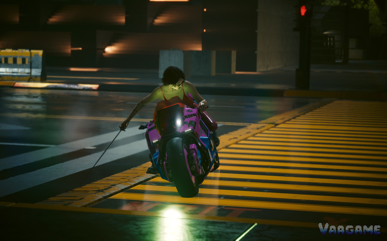V riding a motorcycle with a blade in hand in Cyberpunk 2077