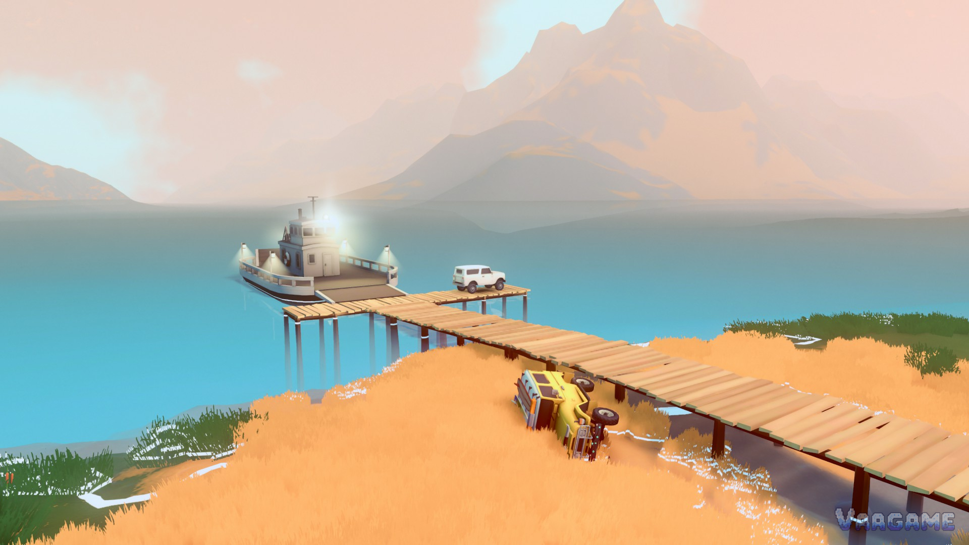 A yellow truck lying on its side at the base of a long wooden pier over a turquoise lake