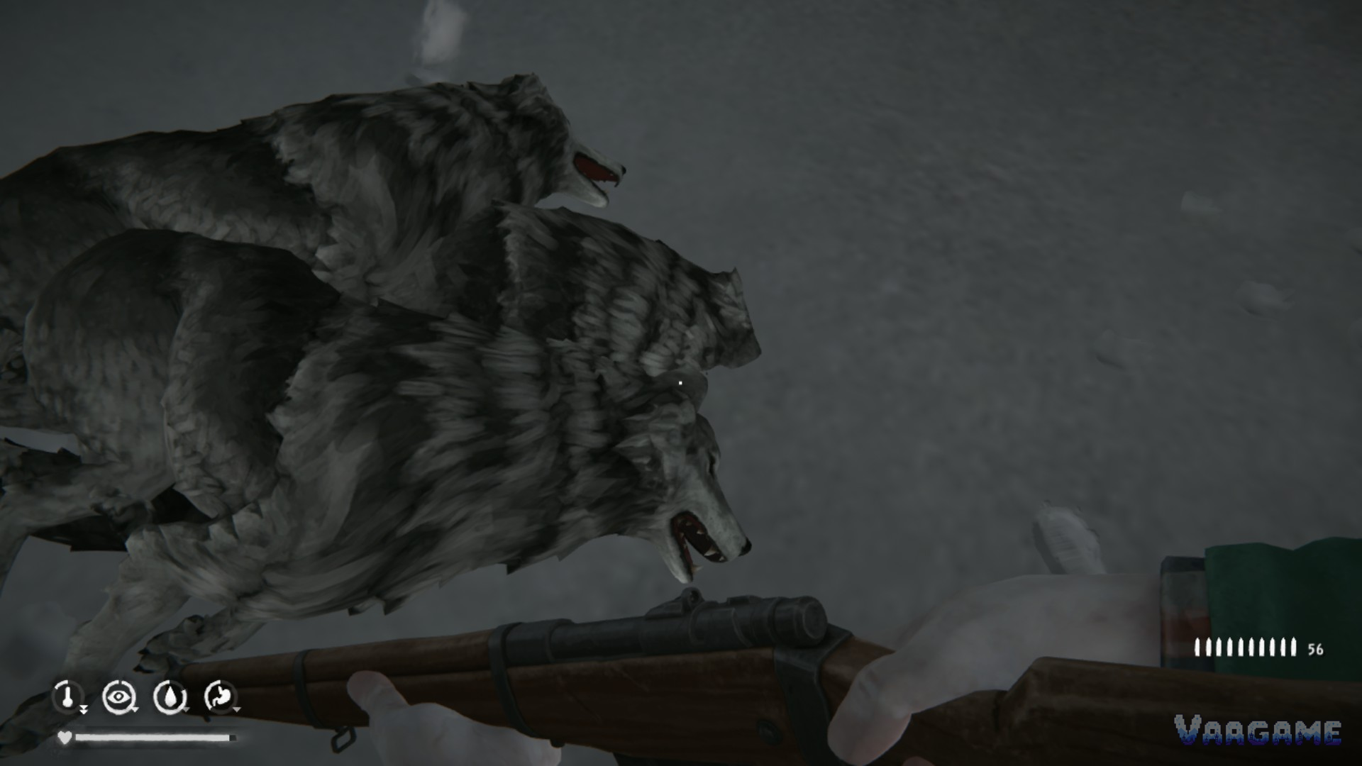 Wolves closing in as the player holds a rifle