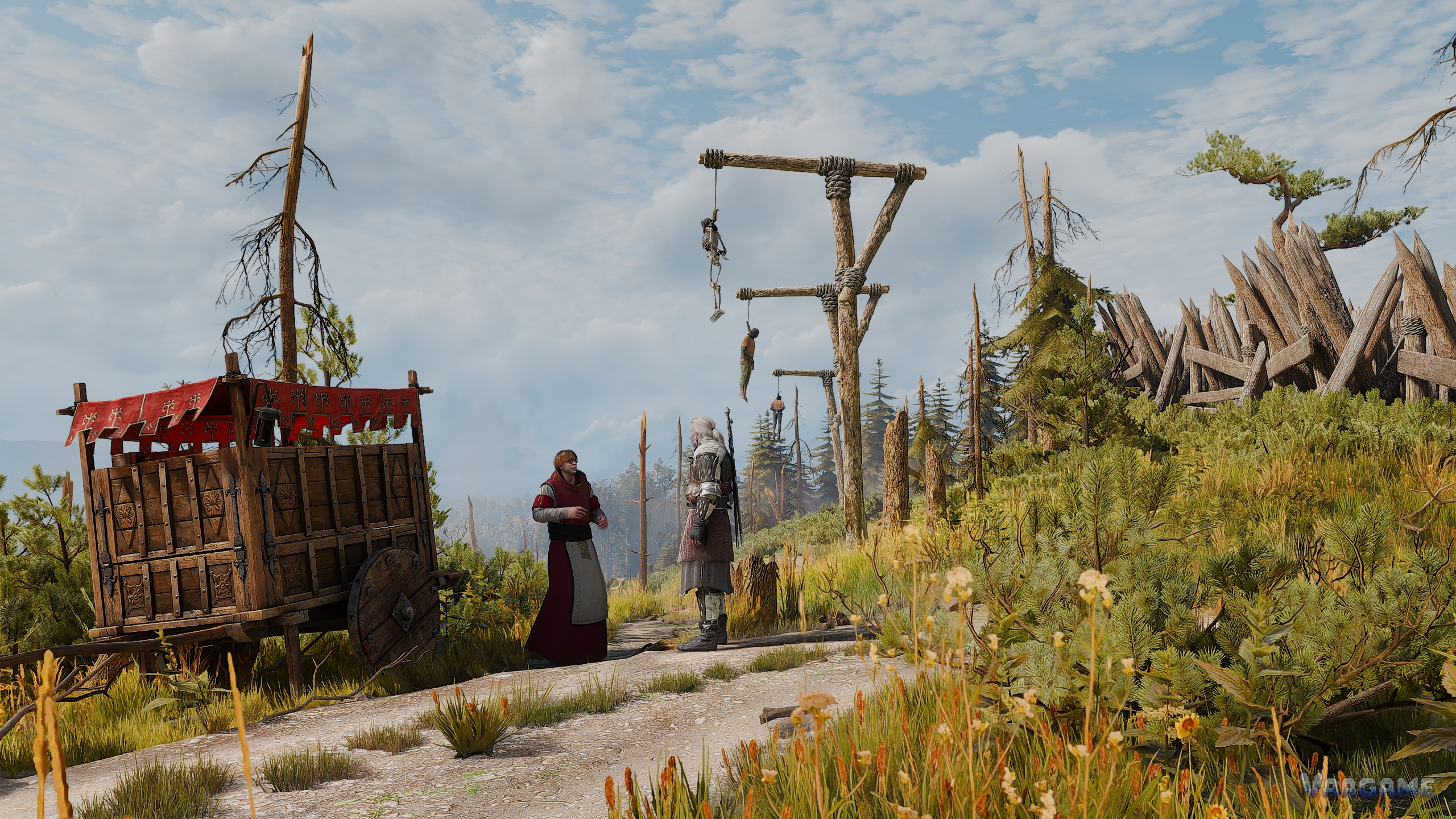 Geralt talking to a villager on a Velen roadside near gallows