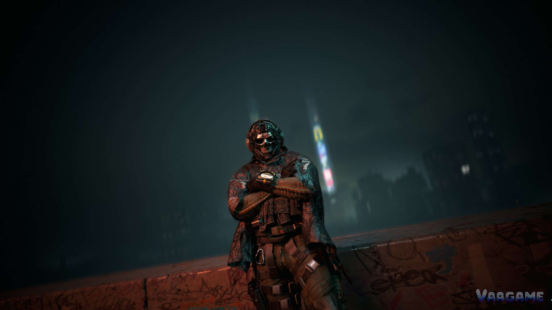 An armored soldier standing on a rooftop at night