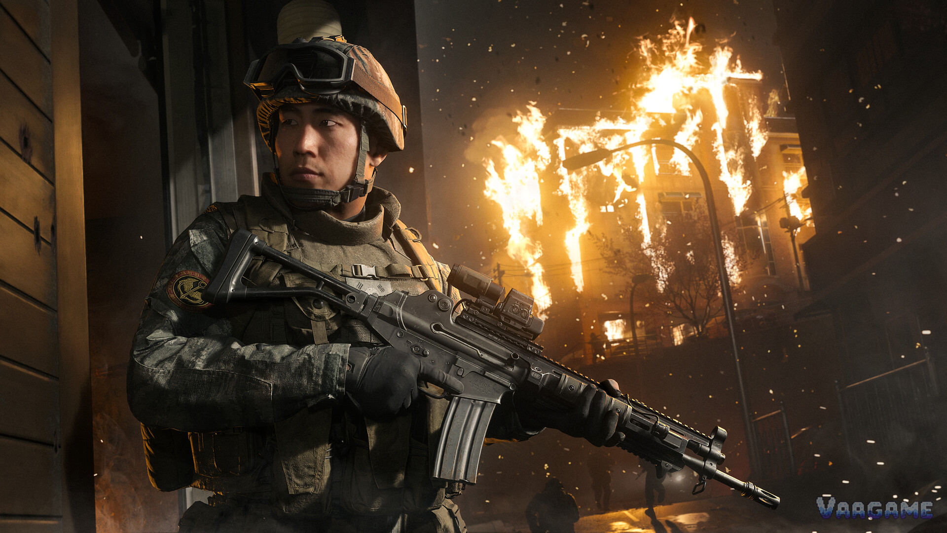 A South Korean soldier holding a rifle in a burning street in Modern Warfare 4