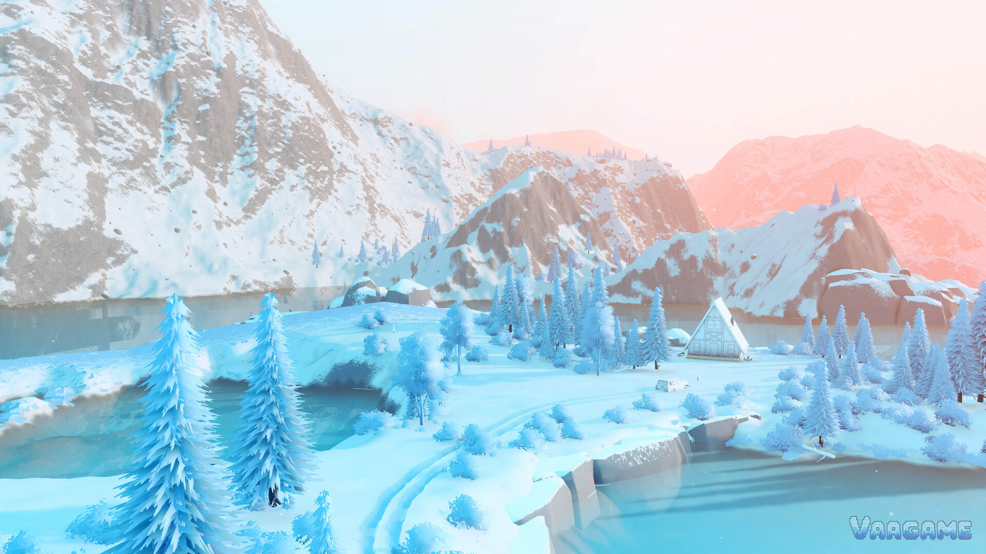 A snowy valley camp with a frozen lake and snow-loaded pines in the Valhallas