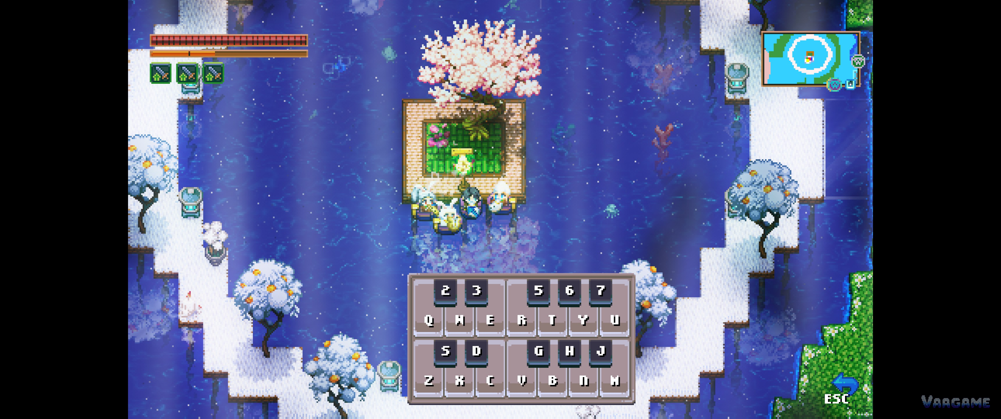 Four players making music together on an island stage, note keys on screen in English