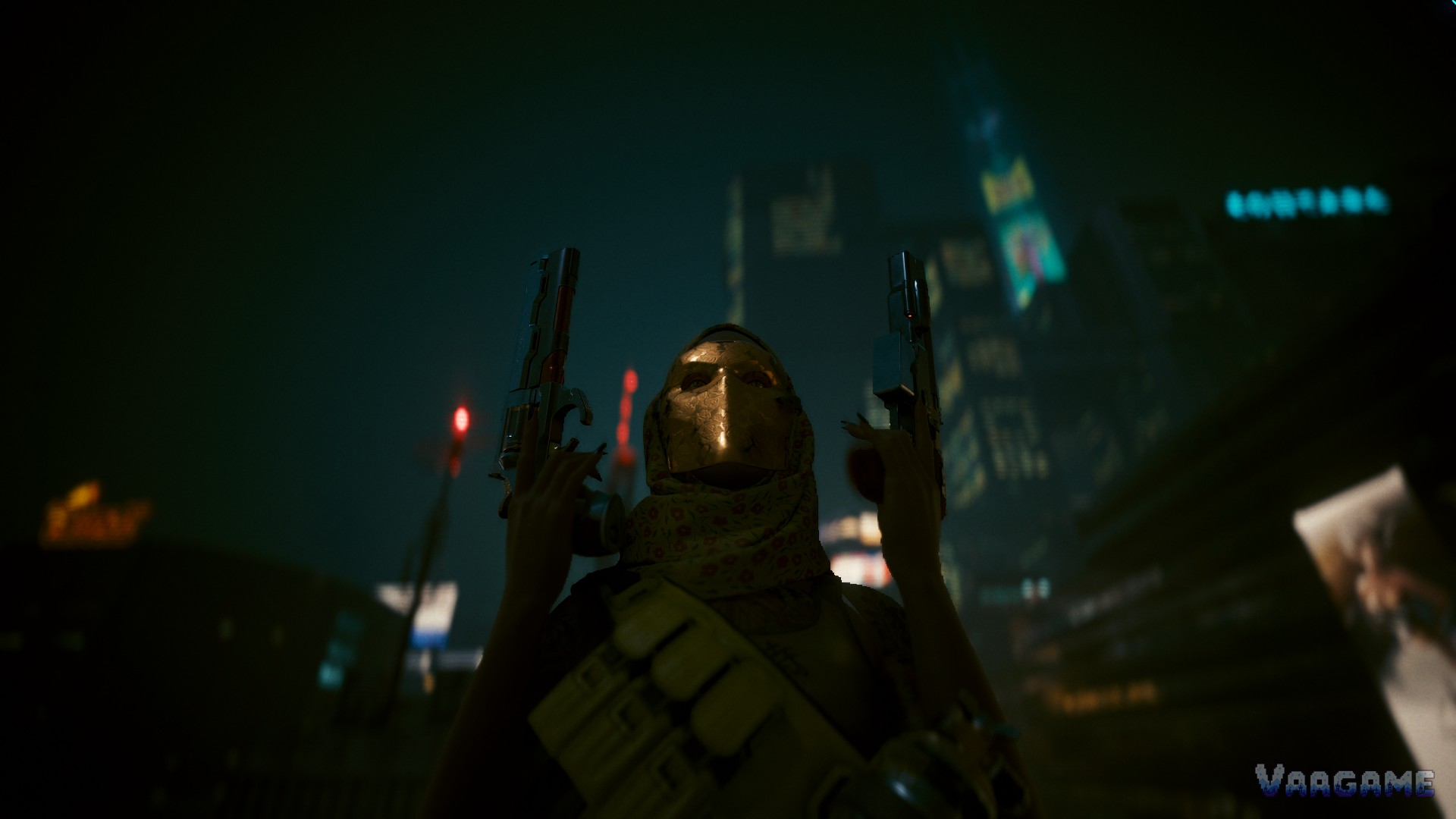Masked figure holding two pistols up in a dark Night City street