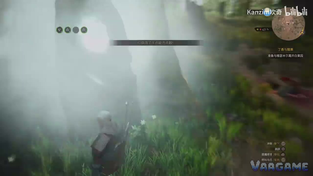 Geralt drawing from a Place of Power as the stone erupts in light and mist; the banner reads "You gained 1 ability point!"