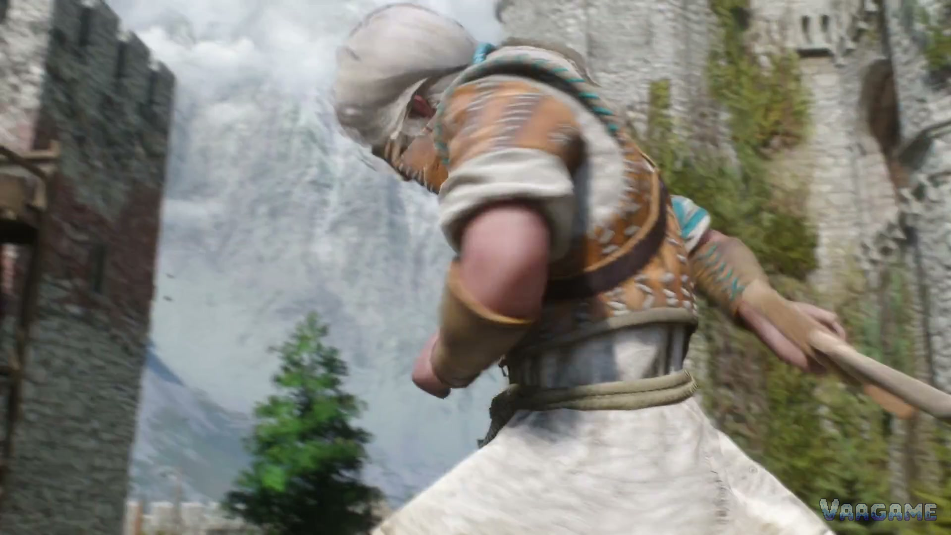 Young Ciri mid-swing with a wooden sword on the Kaer Morhen training course
