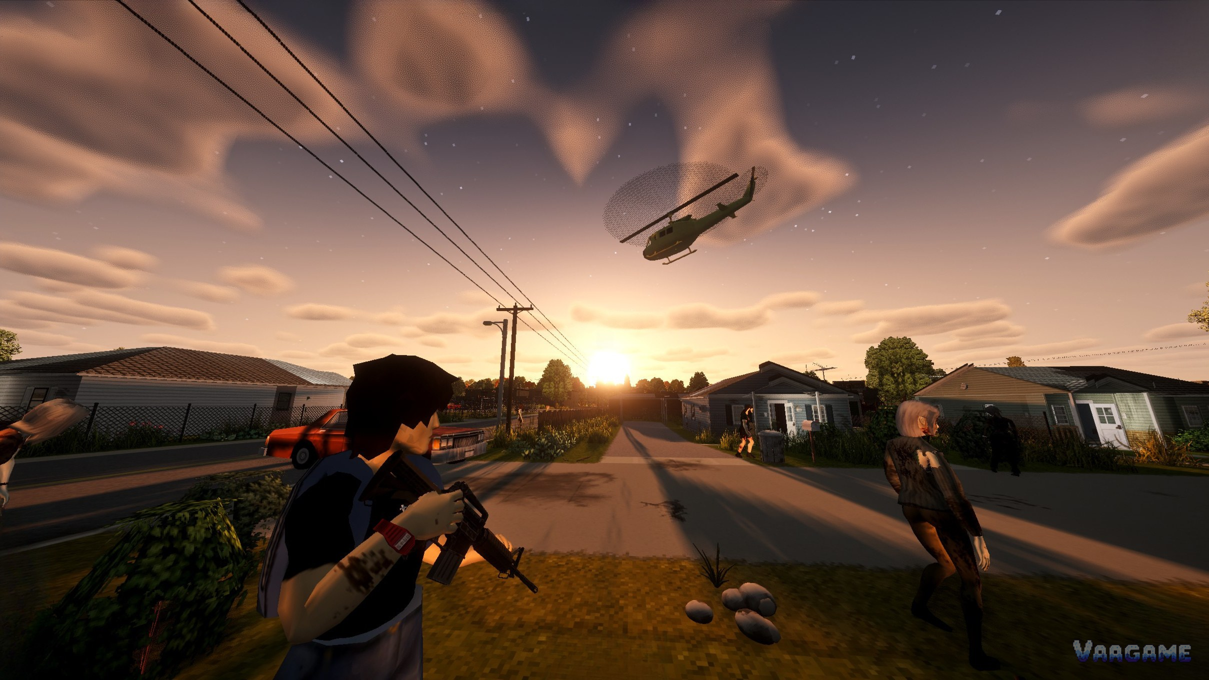 The 3D Helicopter Event mod gallery shot, a UH-1H Huey over a street at sunset