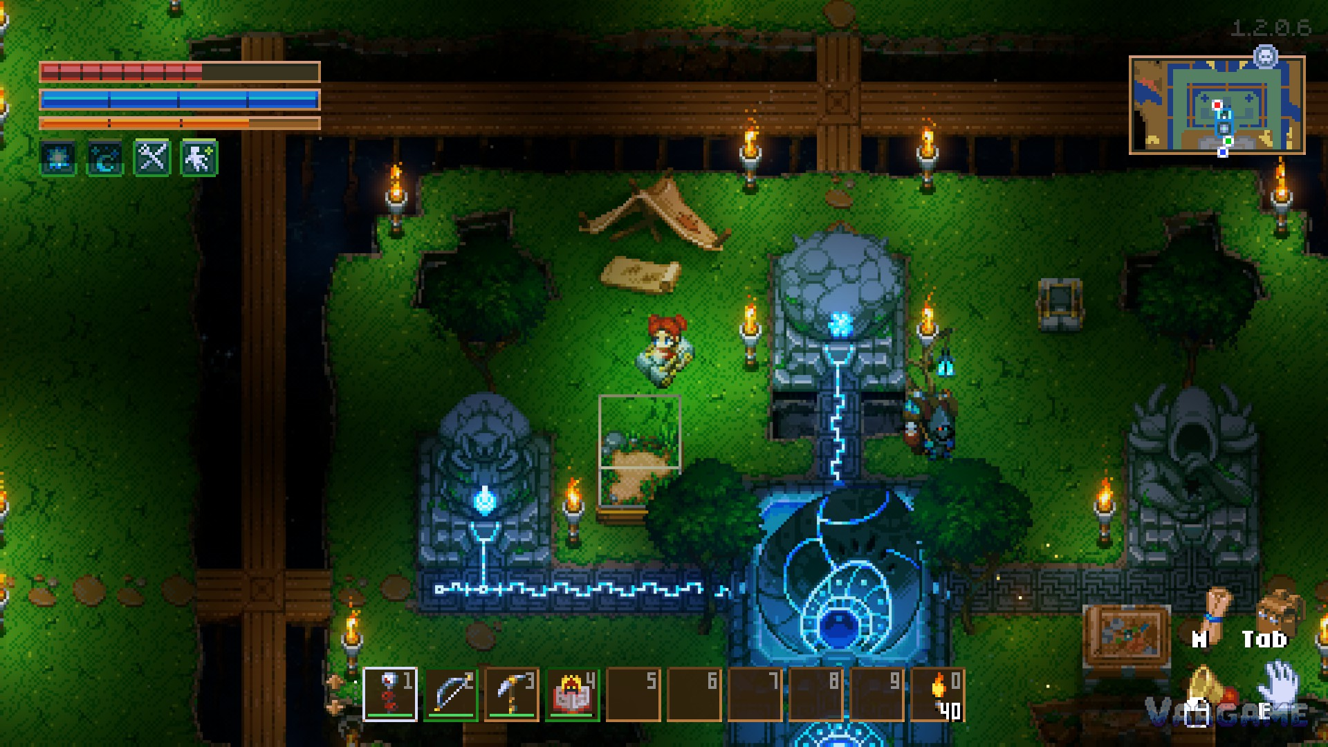 An early Core base mid-power-up, one statue lit, one feeding energy, a merchant NPC set up on the right